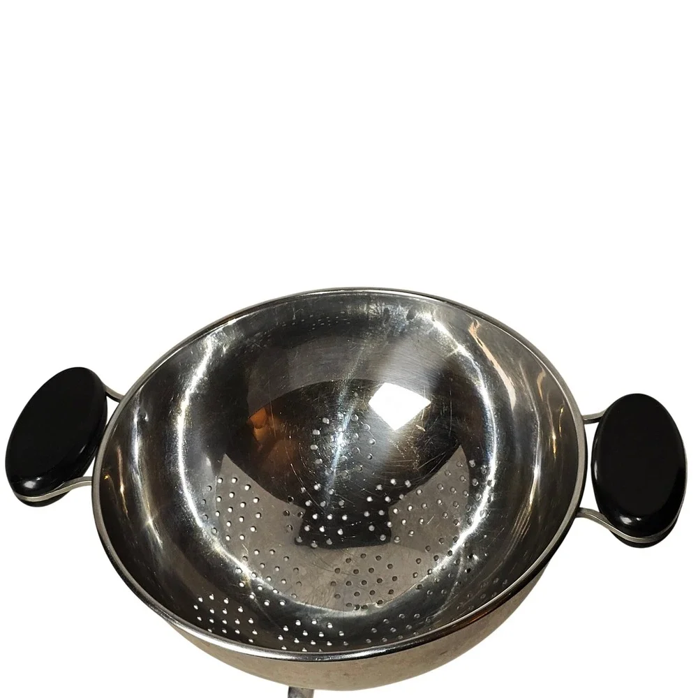 MCM 50s Vintage Stainless Steel Footed Colander Black Bakelite Handles Strainer